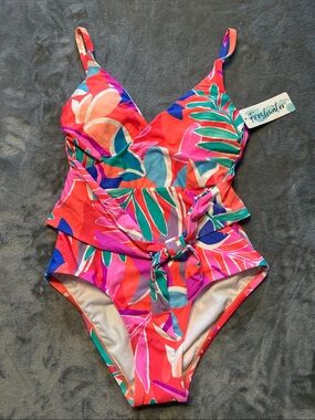 NWTS Freshwater Tropical Pink One-Piece Swimsuit with Waist Tie Sz S